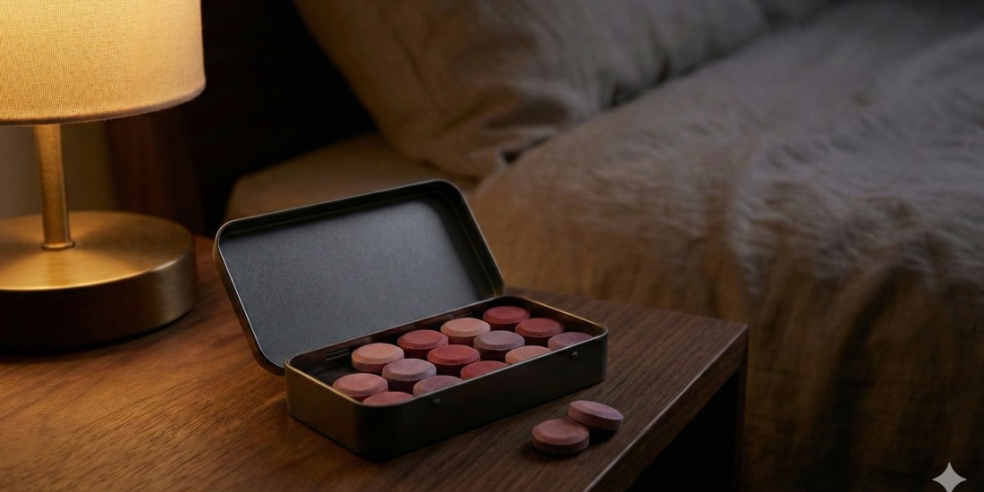 An open 3AM Rescue tin with two lozenges